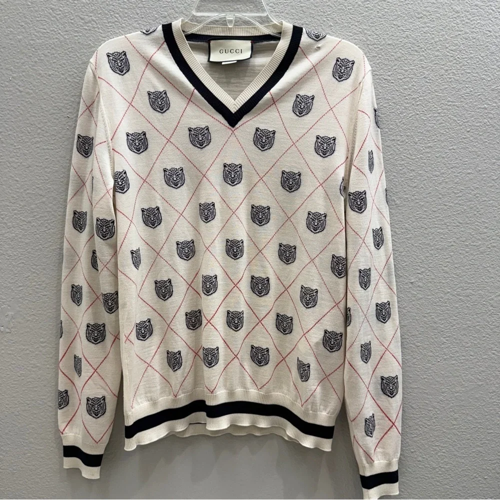 Gucci Tiger Head Sweater Size Small Argyle Pullover Authentic *small flaw*